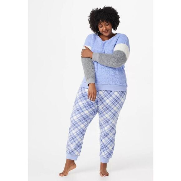 Muk Luks Women’s Large Sherpa Colorblock Top & Fleece Jogger Set Outfit - Picture 1 of 8